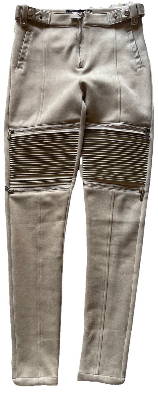 Maniere De Voir Faux Suede Ribbed Moto Leggings Women’s 8 Beige Khaki High Rise